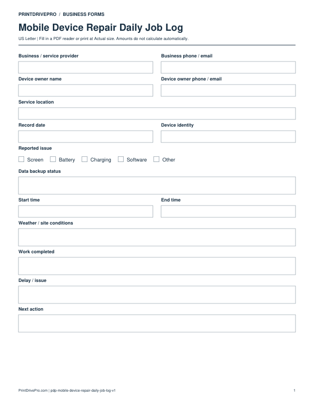 Preview of Mobile Device Repair Daily Job Log