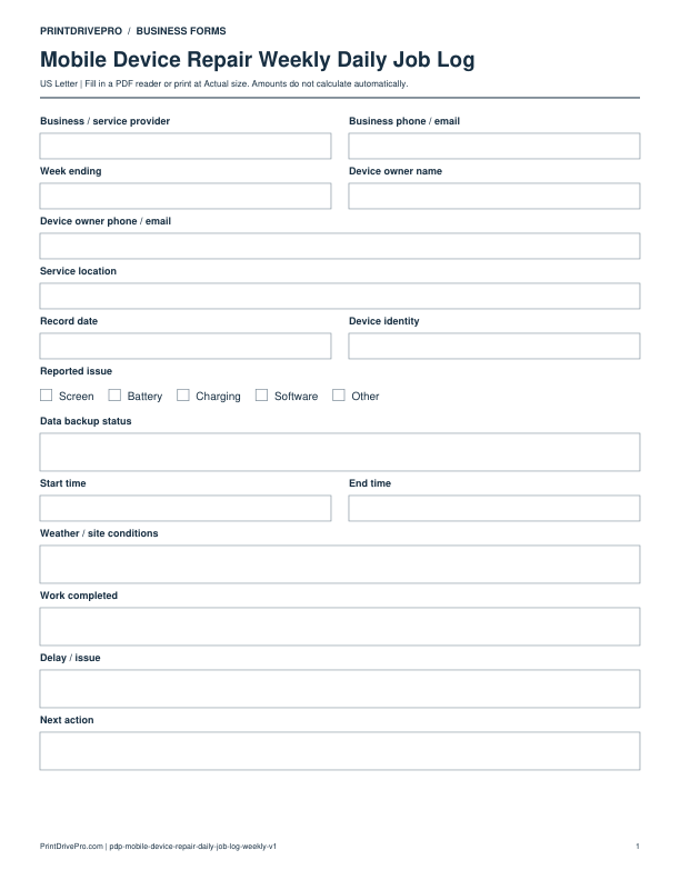Preview of Mobile Device Repair Weekly Daily Job Log