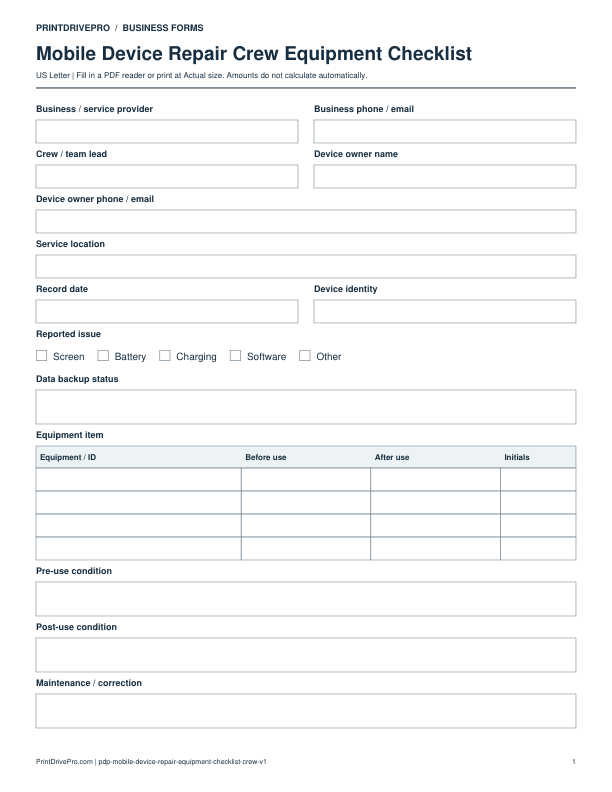 Preview of Mobile Device Repair Crew Equipment Checklist
