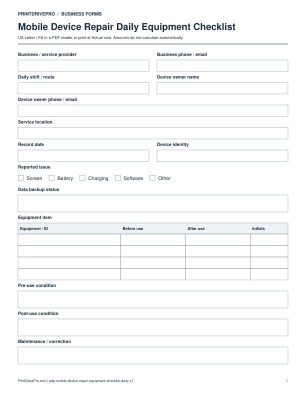 Preview of Mobile Device Repair Daily Equipment Checklist