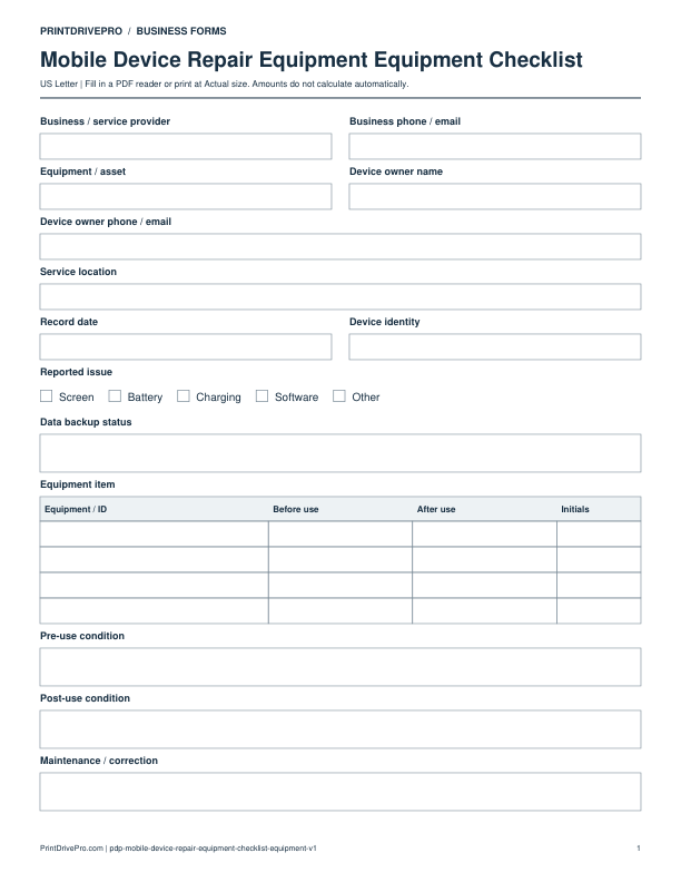 Preview of Mobile Device Repair Equipment Equipment Checklist