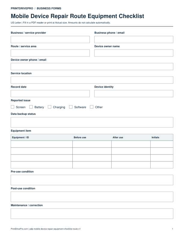 Preview of Mobile Device Repair Route Equipment Checklist