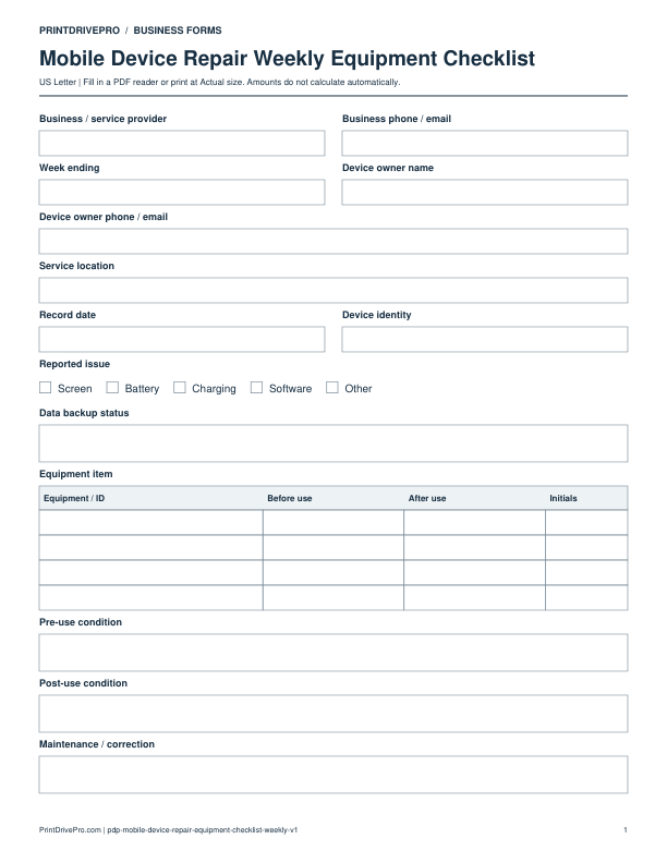 Preview of Mobile Device Repair Weekly Equipment Checklist