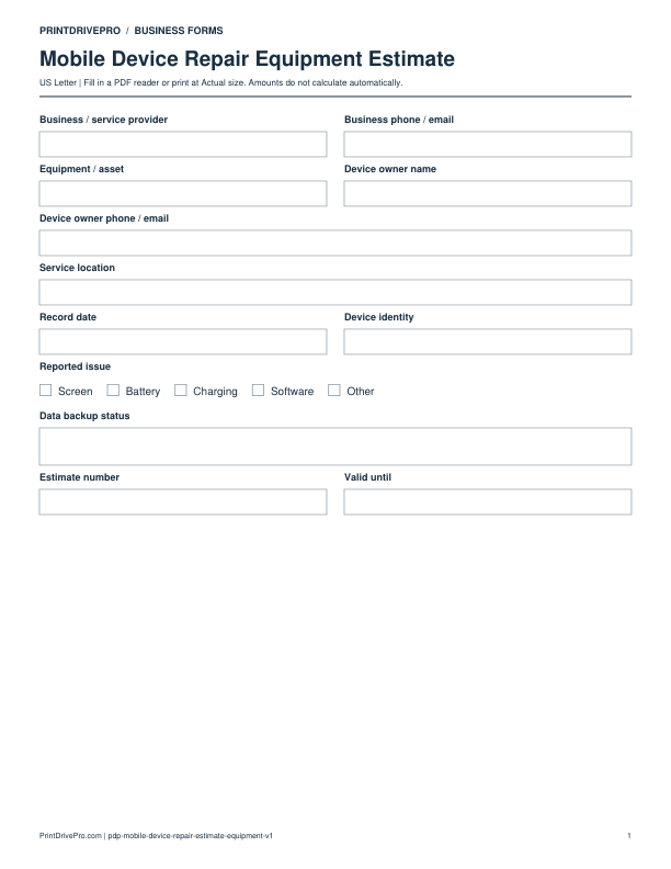 Preview of Mobile Device Repair Equipment Estimate