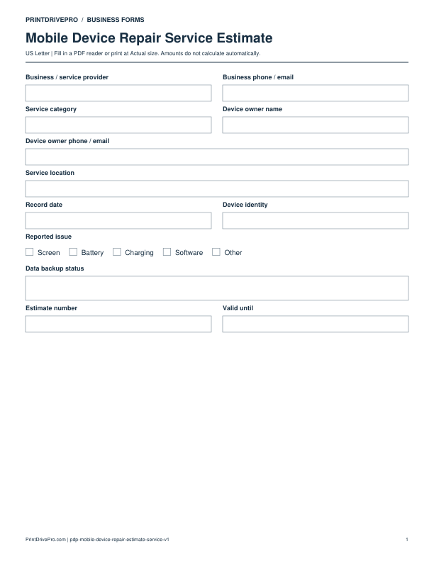 Preview of Mobile Device Repair Service Estimate