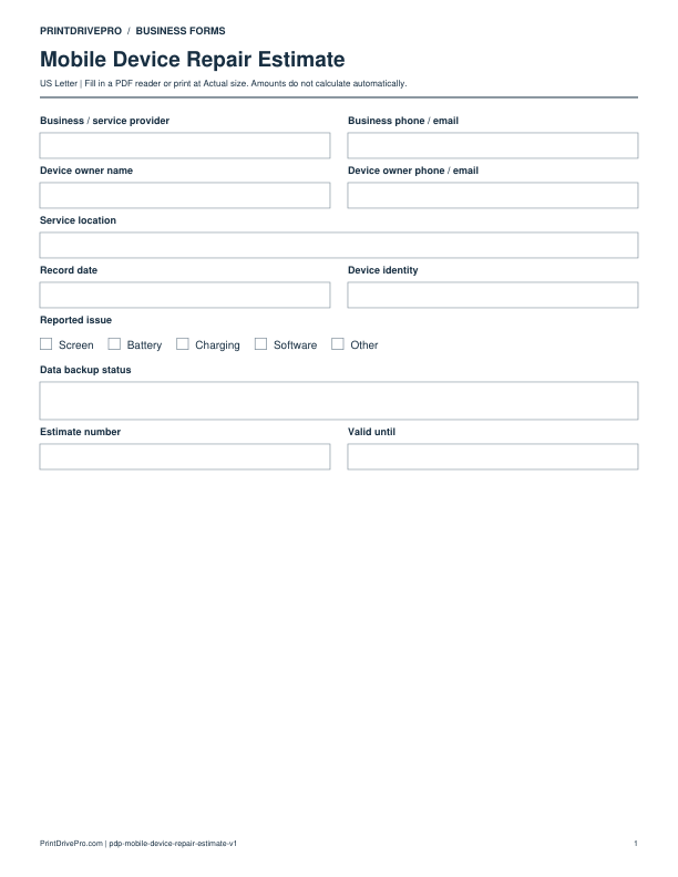 Preview of Mobile Device Repair Estimate