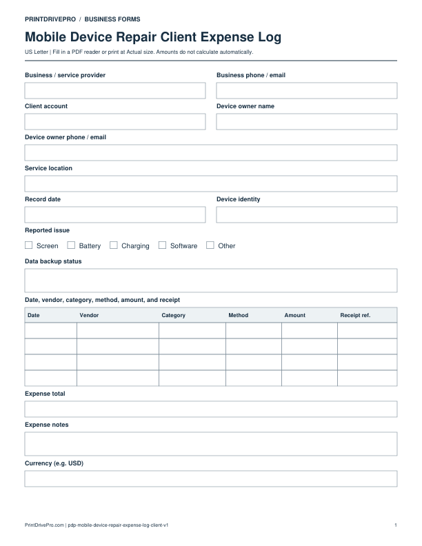 Preview of Mobile Device Repair Client Expense Log