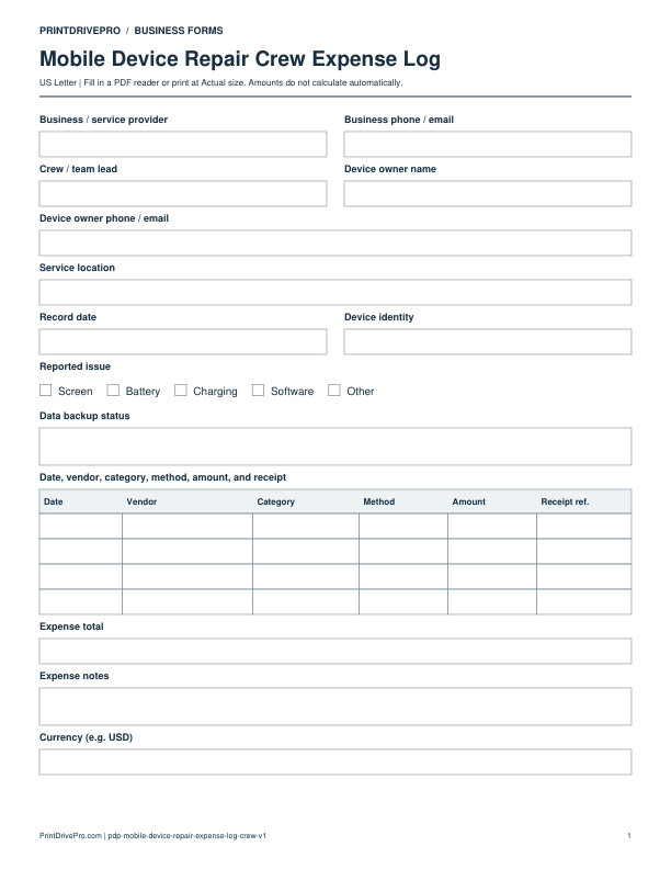 Preview of Mobile Device Repair Crew Expense Log
