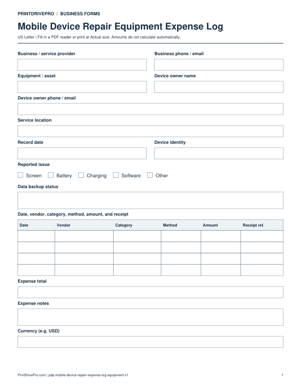 Preview of Mobile Device Repair Equipment Expense Log