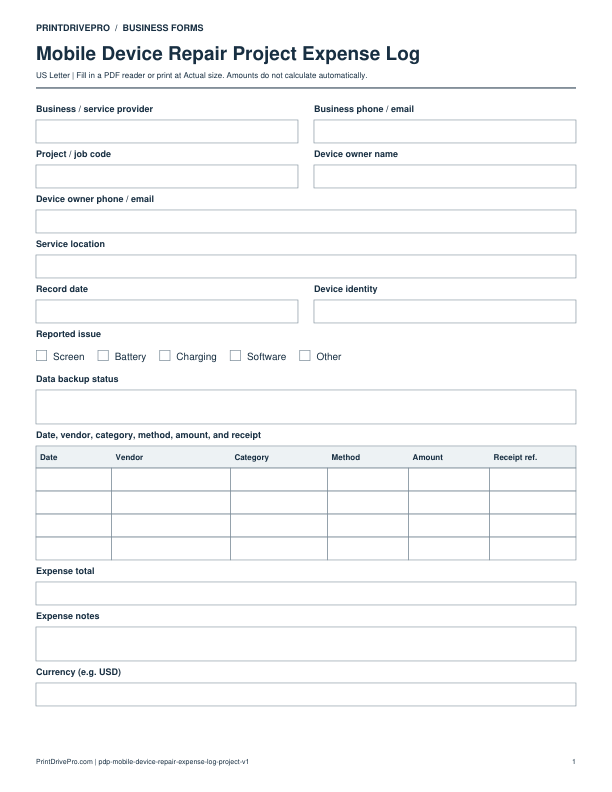 Preview of Mobile Device Repair Project Expense Log
