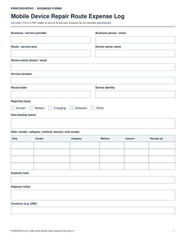 Preview of Mobile Device Repair Route Expense Log