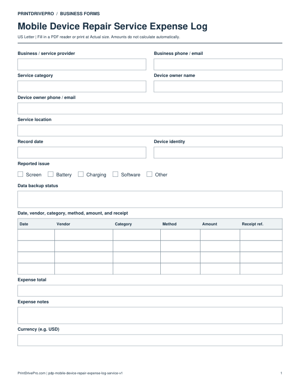 Preview of Mobile Device Repair Service Expense Log