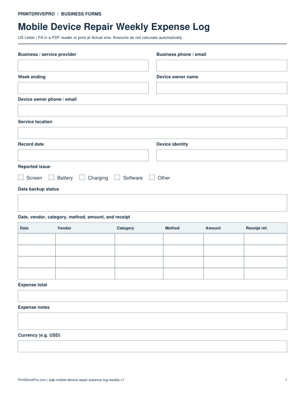 Preview of Mobile Device Repair Weekly Expense Log
