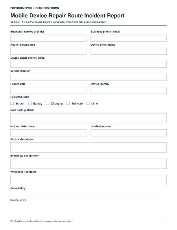 Preview of Mobile Device Repair Route Incident Report