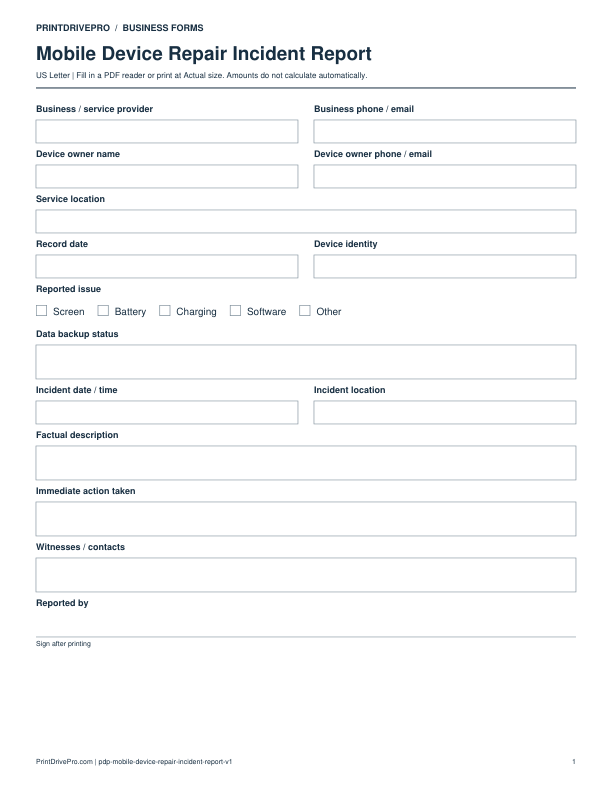 Preview of Mobile Device Repair Incident Report