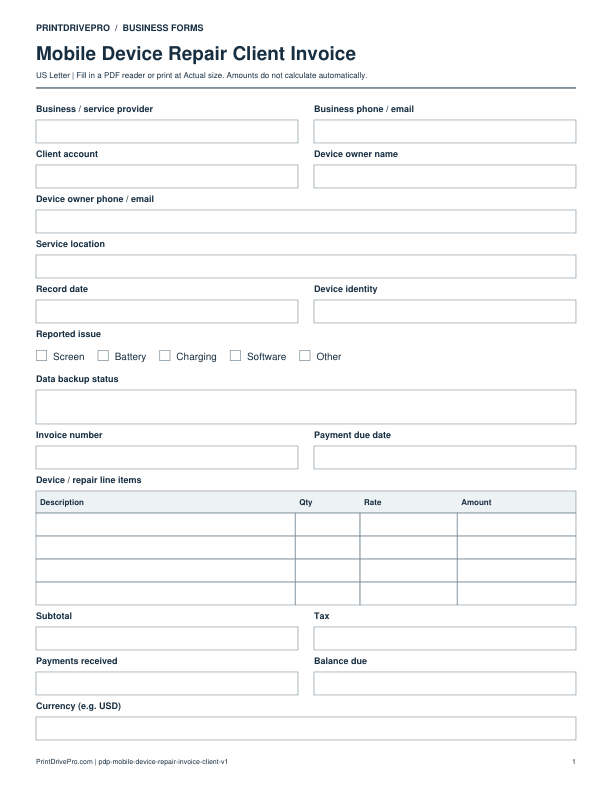 Preview of Mobile Device Repair Client Invoice