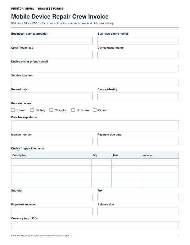 Preview of Mobile Device Repair Crew Invoice