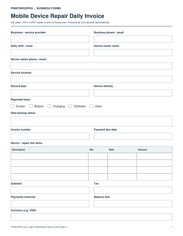 Preview of Mobile Device Repair Daily Invoice