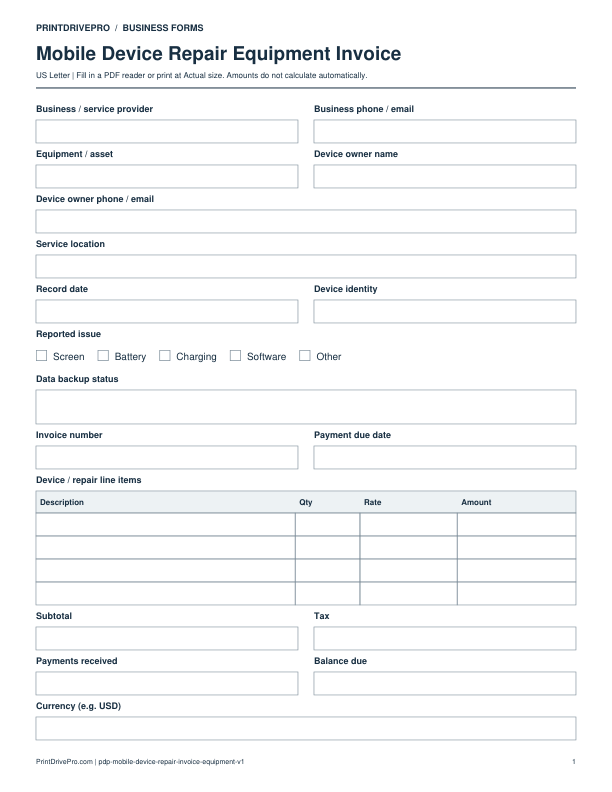 Preview of Mobile Device Repair Equipment Invoice