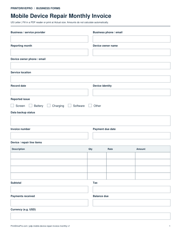 Preview of Mobile Device Repair Monthly Invoice