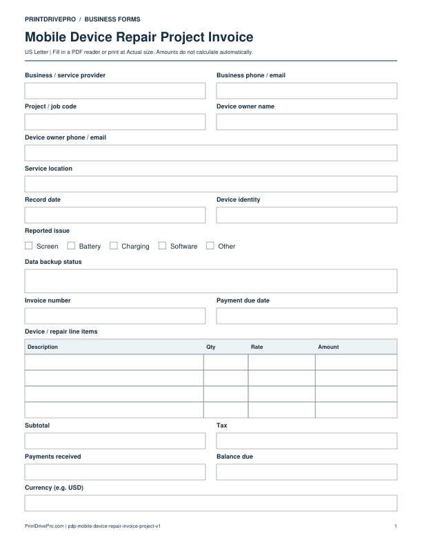 Preview of Mobile Device Repair Project Invoice