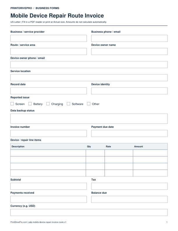 Preview of Mobile Device Repair Route Invoice