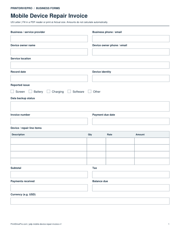 Preview of Mobile Device Repair Invoice