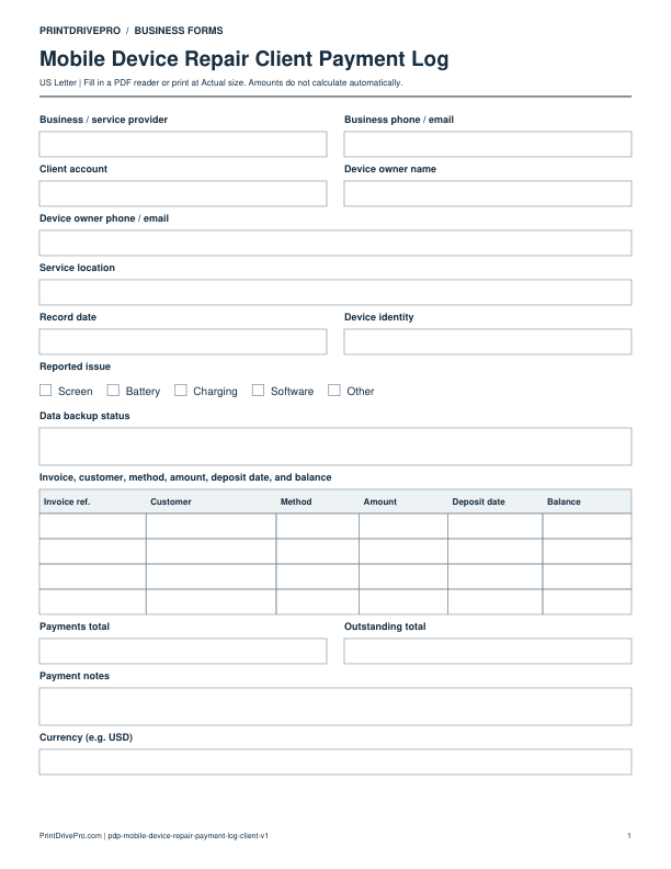 Preview of Mobile Device Repair Client Payment Log