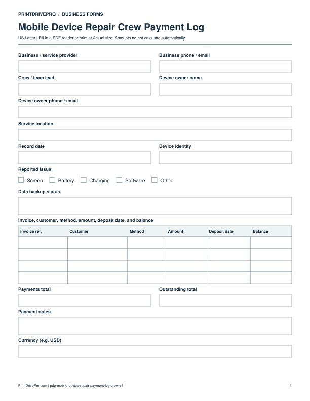 Preview of Mobile Device Repair Crew Payment Log