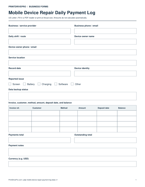 Preview of Mobile Device Repair Daily Payment Log