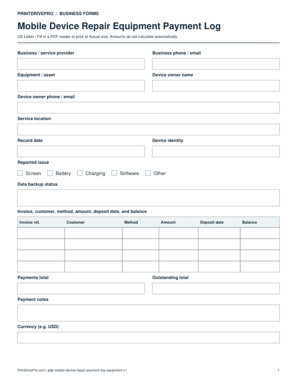 Preview of Mobile Device Repair Equipment Payment Log