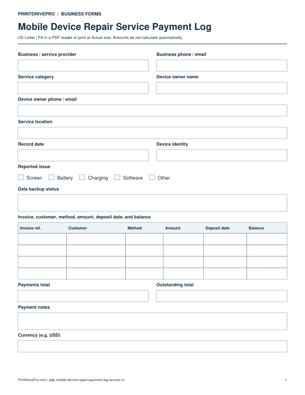 Preview of Mobile Device Repair Service Payment Log
