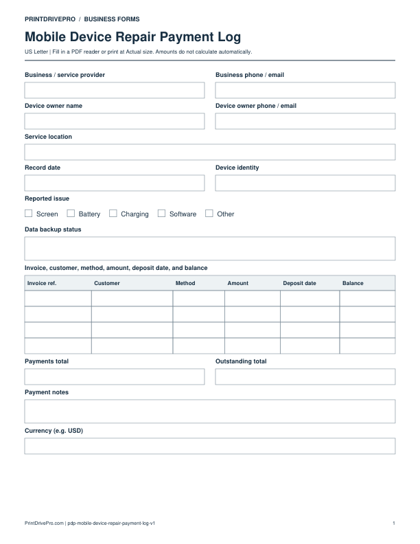 Preview of Mobile Device Repair Payment Log