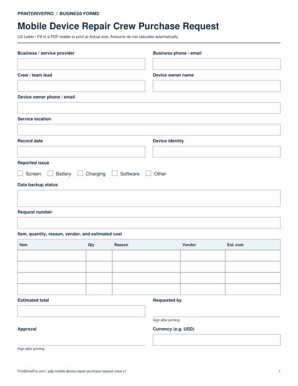 Preview of Mobile Device Repair Crew Purchase Request