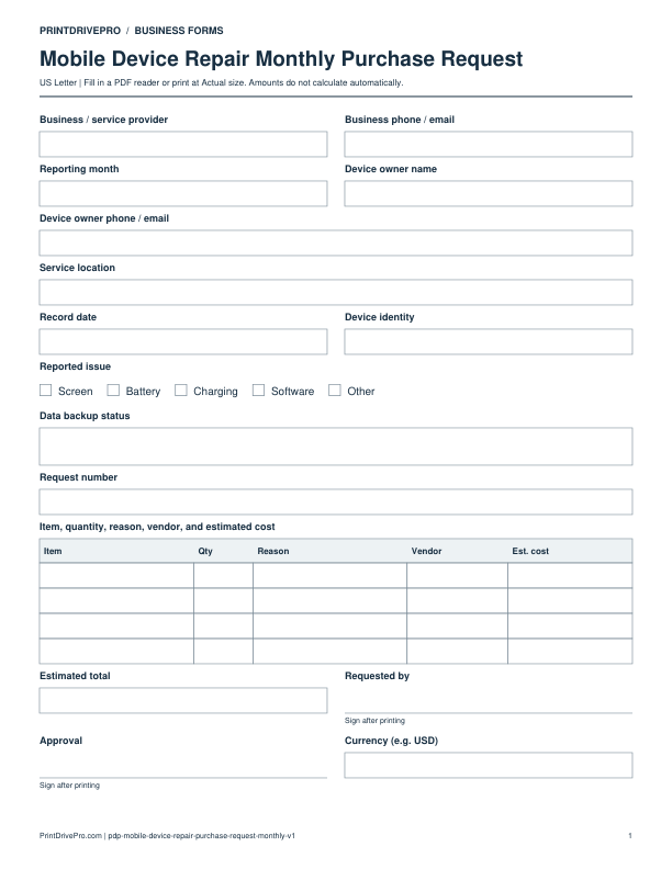 Preview of Mobile Device Repair Monthly Purchase Request