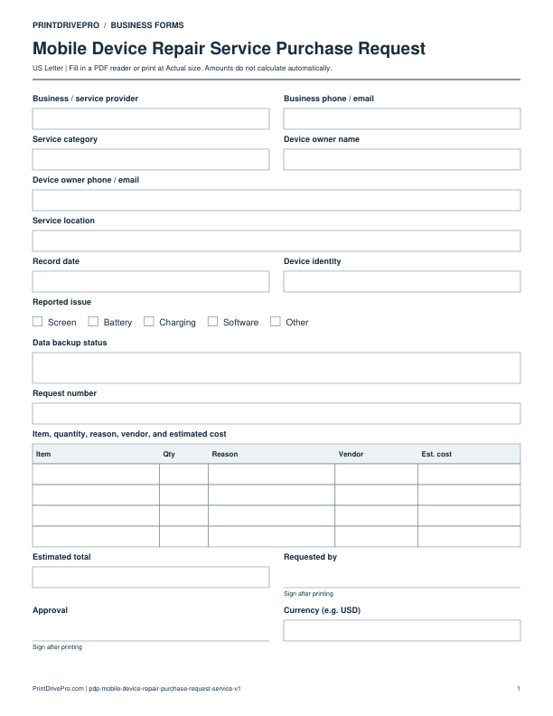 Preview of Mobile Device Repair Service Purchase Request