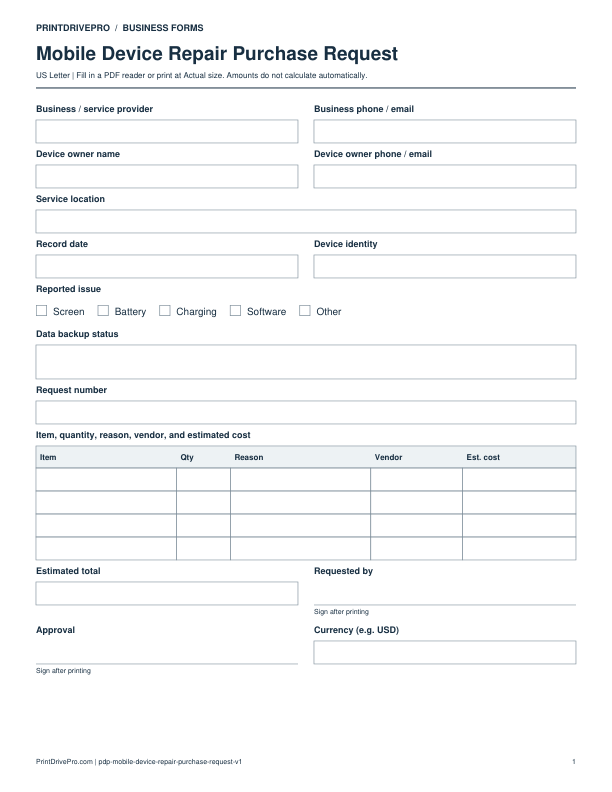 Preview of Mobile Device Repair Purchase Request