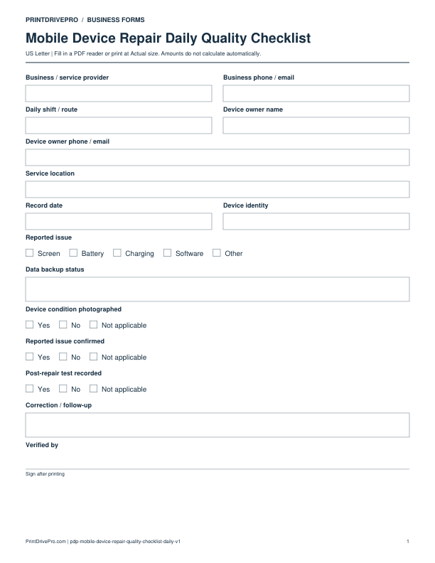 Preview of Mobile Device Repair Daily Quality Checklist