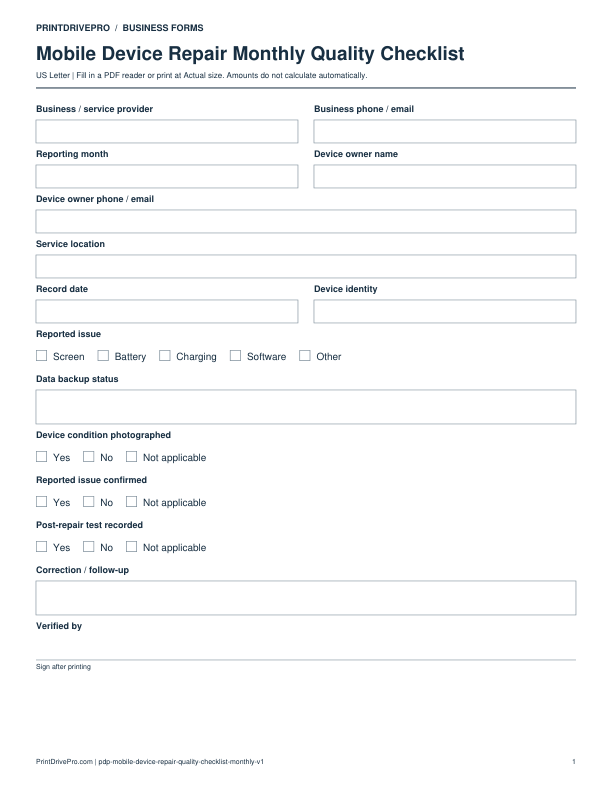 Preview of Mobile Device Repair Monthly Quality Checklist