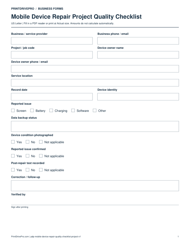 Preview of Mobile Device Repair Project Quality Checklist