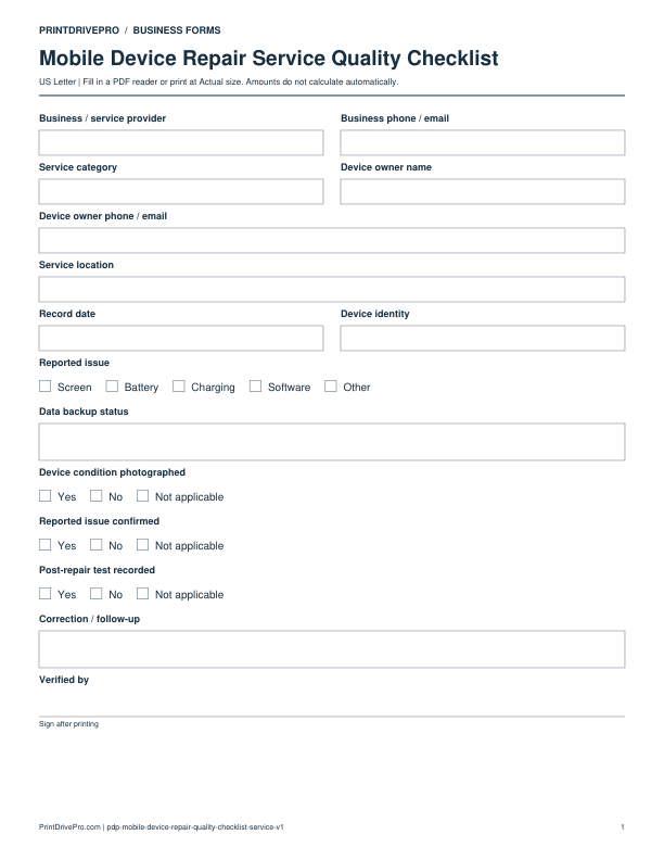 Preview of Mobile Device Repair Service Quality Checklist