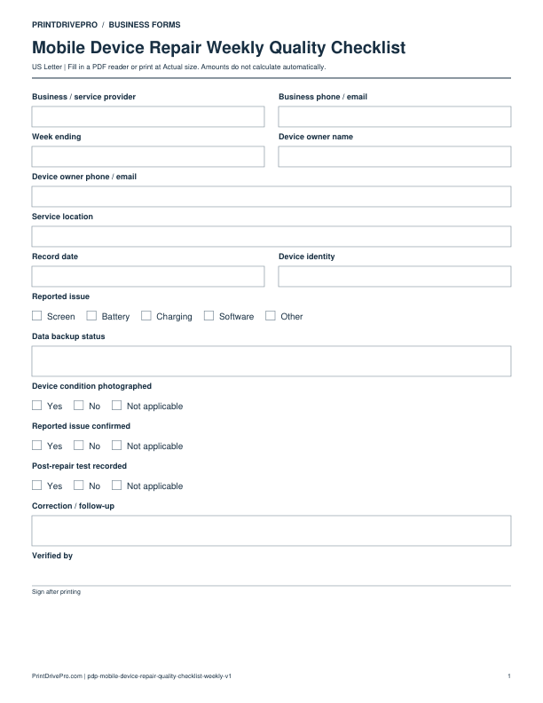 Preview of Mobile Device Repair Weekly Quality Checklist