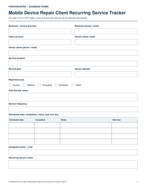 Preview of Mobile Device Repair Client Recurring Service Tracker