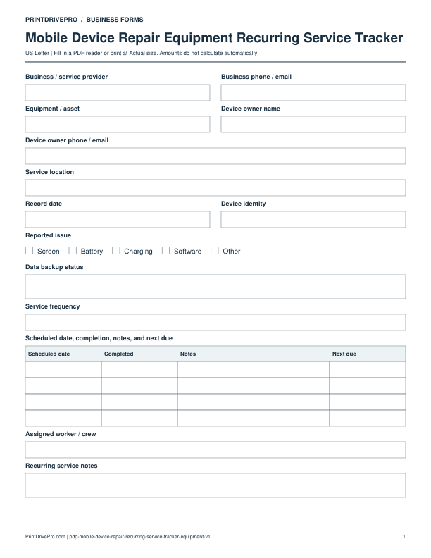 Preview of Mobile Device Repair Equipment Recurring Service Tracker