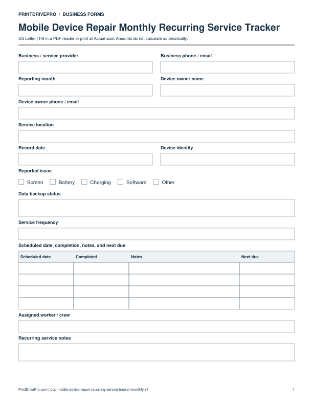 Preview of Mobile Device Repair Monthly Recurring Service Tracker