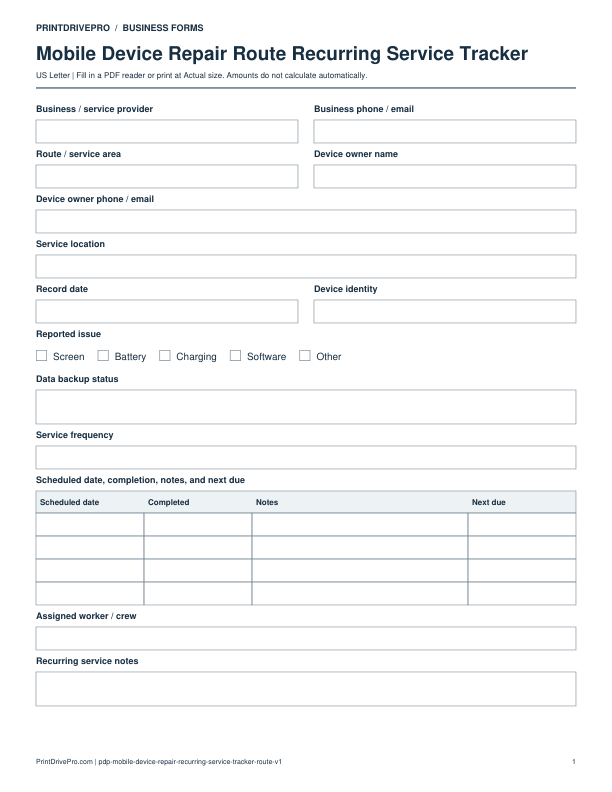 Preview of Mobile Device Repair Route Recurring Service Tracker