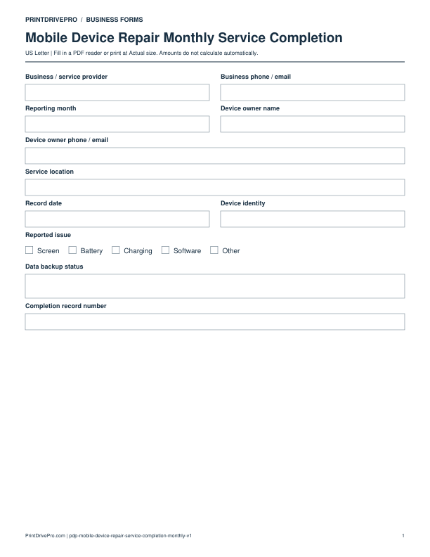 Preview of Mobile Device Repair Monthly Service Completion