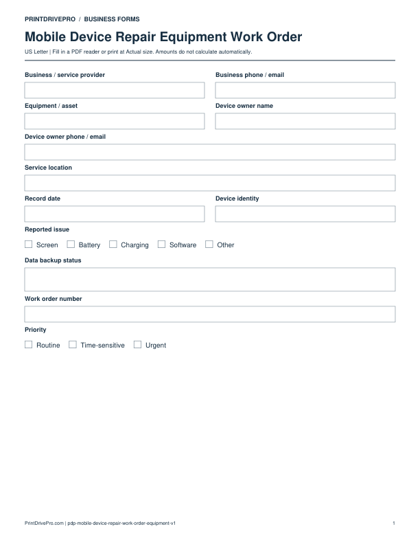 Preview of Mobile Device Repair Equipment Work Order