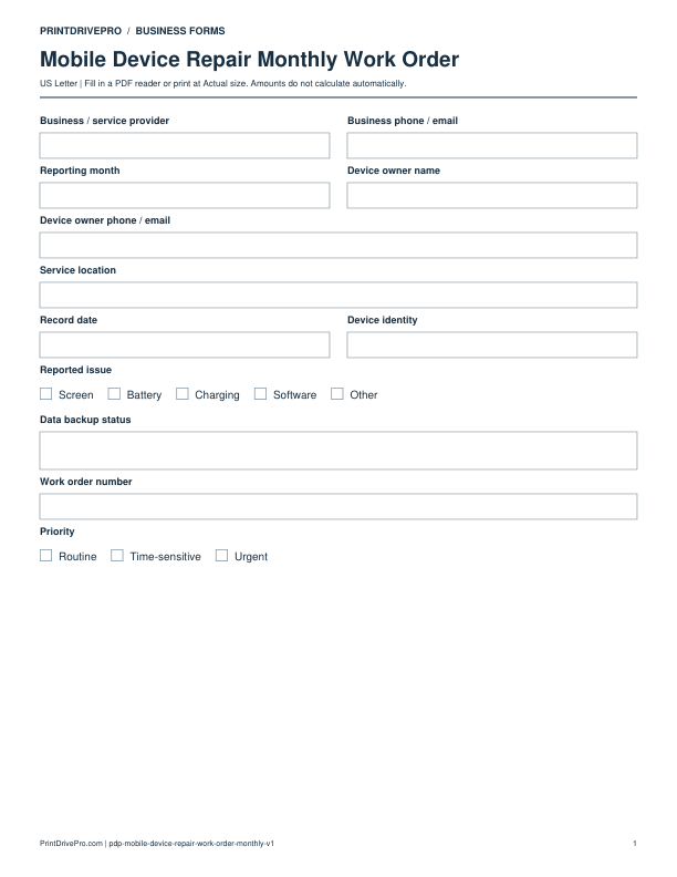 Preview of Mobile Device Repair Monthly Work Order