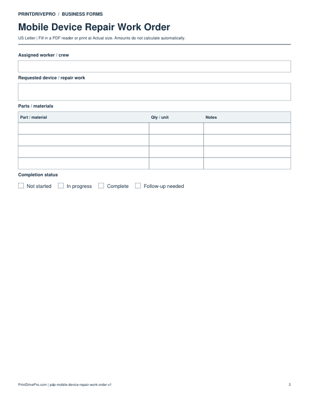 Page 2 of Mobile Device Repair Work Order Printable
